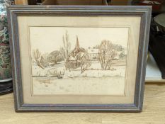 M F L Bauwens, watercolour and pencil, 'Bury Ferry and Church', signed and dated '42, 30 x 41cm