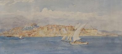 Tristram Ellis (1844-1922), watercolour, View of Constantinople, initialled, 17 x 37cm