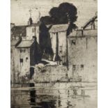 Frank Brangwyn, etching, Barnard Castle from the river Tees, initialled in the plate, 37.5 x 30cm,