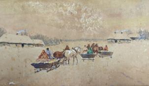 Adam Setkowicz (Polish, 1879-1945), watercolour, Landscape with horse drawn sleighs, 28 x 49cm (a.