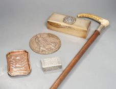 World War memorabilia, riding crop, ash tray, POW match case, 74th Highlanders brass case and a