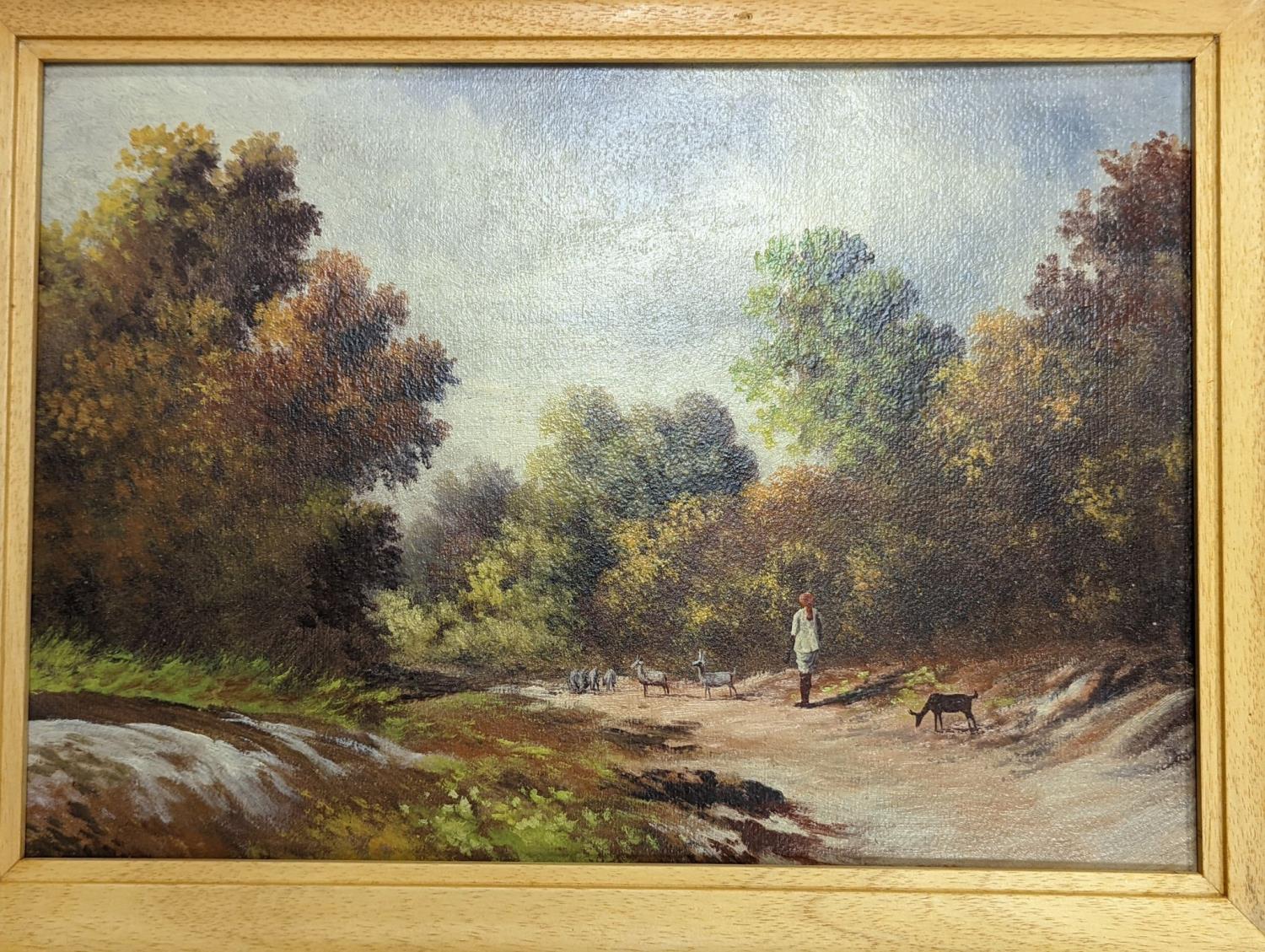 Early 20th century Indian School, four oils on card, Rustic landscapes, largest 31 x 45cm - Image 2 of 2