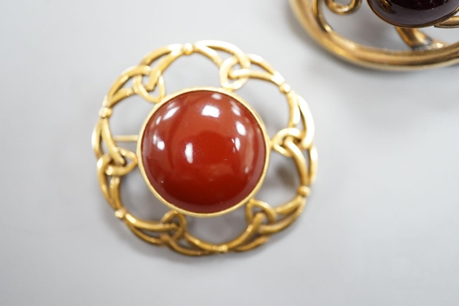 A late Victorian Scottish 9ct gold and carnelian set Iona brooch, 36mm, gross 10.1 grams and a - Image 2 of 2