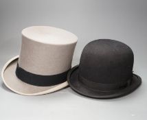 An Army & Navy Stores Ltd. grey top hat and a Christys of London black riders bowling hat, both