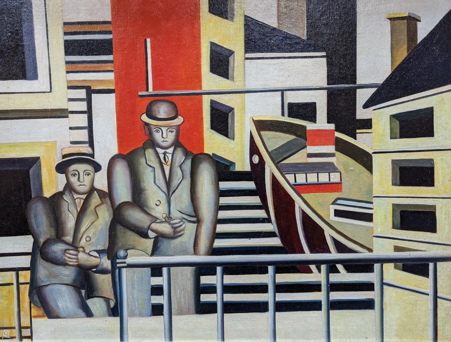 After Fernand Leger, oil on board, Street scene with two figures, 44 x 59cm