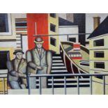 After Fernand Leger, oil on board, Street scene with two figures, 44 x 59cm