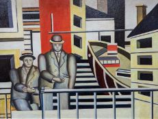 After Fernand Leger, oil on board, Street scene with two figures, 44 x 59cm