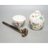 A Chinese famille rose chupu and a bowl, late 19th century, and a cloisonne parasol handle, 23cm