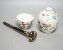 A Chinese famille rose chupu and a bowl, late 19th century, and a cloisonne parasol handle, 23cm