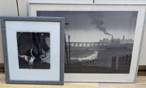 Trevor Grimshaw, lithograph, The Viaduct, signed 100/150, 44 x 66cm, a charcoal drawing of Leda