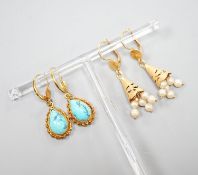 Two modern pairs of 18ct and gem set drop earrings, one with cultured pearl, 42mm and one with