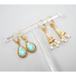 Two modern pairs of 18ct and gem set drop earrings, one with cultured pearl, 42mm and one with