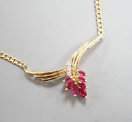 A modern 585 yellow metal, ruby and diamond cluster set pendant necklace, 44cm,gross weight 11.2
