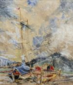 Beryl Mallinson (1916-1991), pen and pastel, Boats at Newport, signed, 25 x 22cm