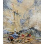 Beryl Mallinson (1916-1991), pen and pastel, Boats at Newport, signed, 25 x 22cm