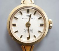 A lady's Jaquet Droz 9ct gold manual wind wrist watch,gross weight 15.2 grams.