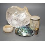 An engraved pearl shell, 22cm, a cylindrical box and bracelet, and two abalone shells