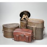 WWI German gas mask, two German trench mess tins and a German leather belt case