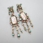 A pair of 19ct century Austro-Hungarian? gilt white metal, enamel and semi=precious gem set drop