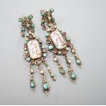 A pair of 19ct century Austro-Hungarian? gilt white metal, enamel and semi=precious gem set drop