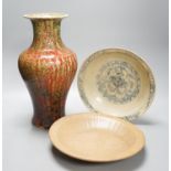 A Chinese flambe vase and two Ming dishes, vase 36cm