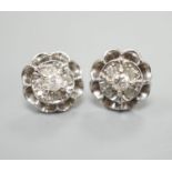 A pair of 750 white metal and five stone diamond cluster set earrings, 10mm, gross weight 3.2