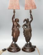A pair of spelter figural table lamps, 50cm