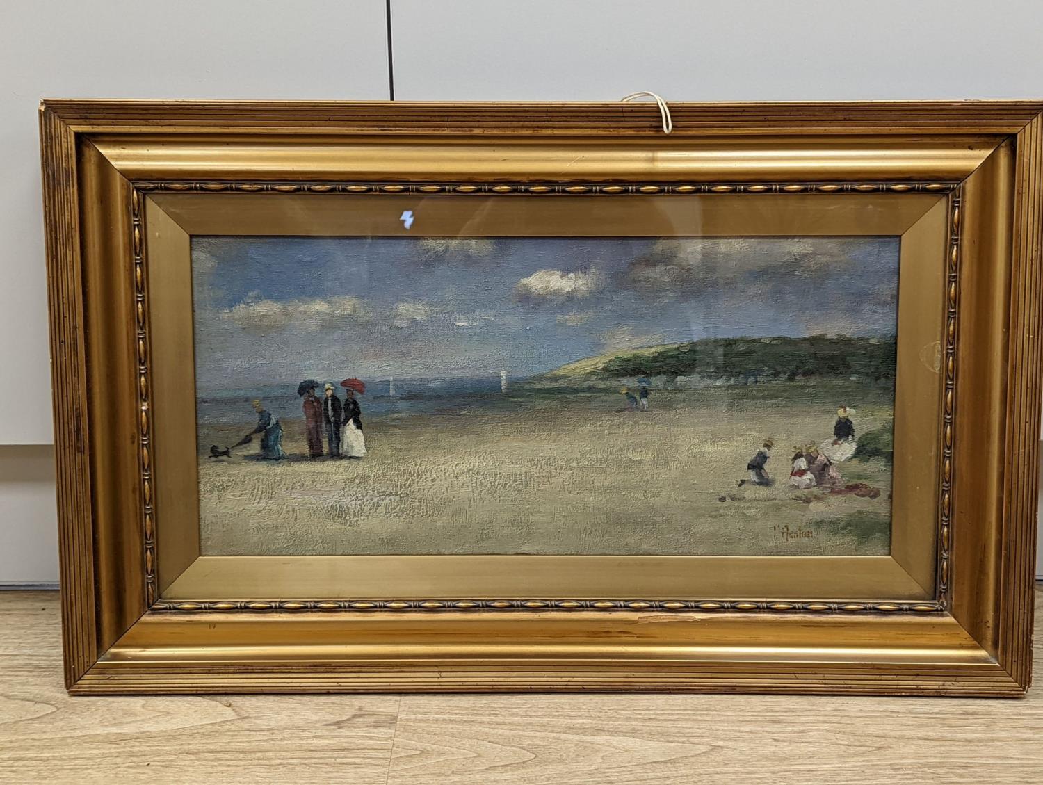 T. Heston, oil on card, Figures on a beach, signed, 24 x 52cm - Image 2 of 2