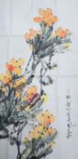 Two Chinese floral watercolour paintings, and a script proverb, 100 x 50cm.