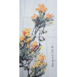 Two Chinese floral watercolour paintings, and a script proverb, 100 x 50cm.