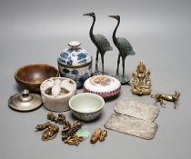 Mixed Chinese ornamental metalware and ceramics, including a pair of storks, 17.5 cms high.