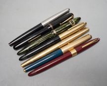 Seven assorted pens including fountain pen with 18ct gold nib.
