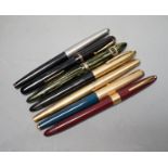 Seven assorted pens including fountain pen with 18ct gold nib.