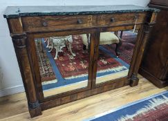 A Regency brass inlaid green marble topped rosewood side cabinet, width 130cm, depth 39.5cm,