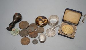 A Philip V 8 Reale coin pendant mounted, assorted 18th century and later coinage, faux tortoiseshell