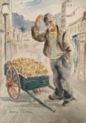 Levi Floren, ink and watercolour, Banana Seller, signed, 26 x 18cm