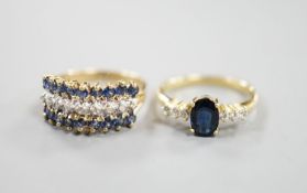 Two modern 14k yellow metal, sapphire and diamond set dress rings, sizes L & K/L, gross weight 5.1