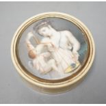 An early 19th century ivory and tortoishell box with inset miniature of Themis to cover, 8cm.