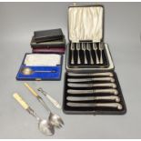 Sundry cased sets etc. including silver replica spoon, cake forks, tea knives, plated wares.