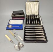 Sundry cased sets etc. including silver replica spoon, cake forks, tea knives, plated wares.