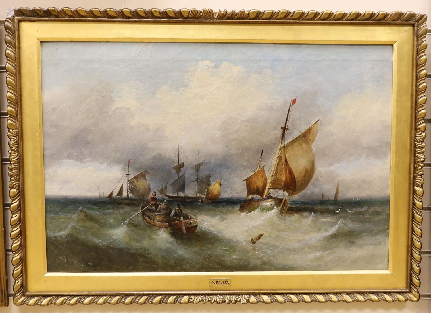 Circle of William Edward Webb (1862-1903), oil on canvas, Shipping off the coast, signed, 50 x 75cm - Image 2 of 2