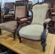 Two Victorian mahogany upholstered open armchairs