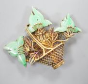 A continental gilt white metal and simulated jade set 'Basket of Flowers, brooch, height 49mm.