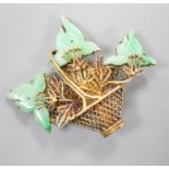 A continental gilt white metal and simulated jade set 'Basket of Flowers, brooch, height 49mm.