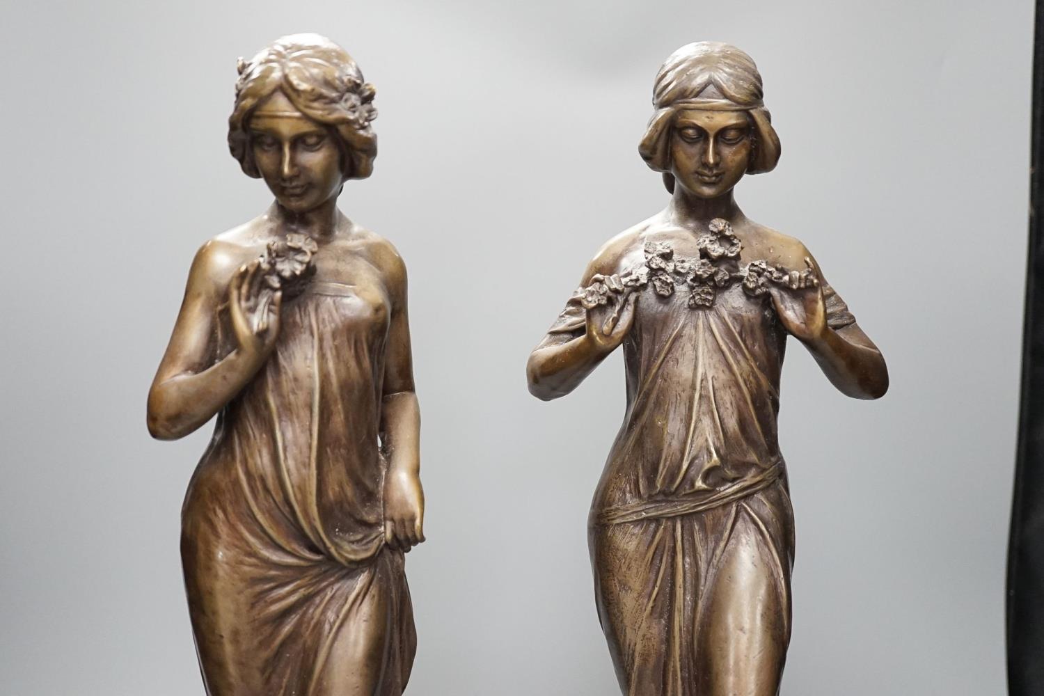 After Jean-Antoine Houdon, (French 1741-1828), a pair of bronze figures of lady’s holding flowers, - Image 2 of 2