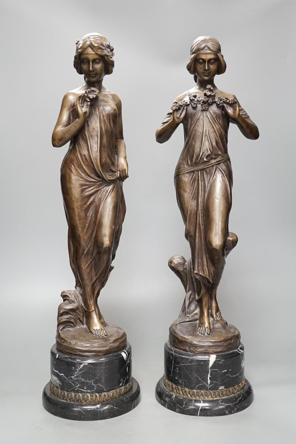 After Jean-Antoine Houdon, (French 1741-1828), a pair of bronze figures of lady’s holding flowers,