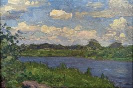 Manner of Paul Maze (1887-1979), oil on board, River landscape, 11 x 16.5cm