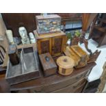 A Victorian oak smoker's box, two olive wood book rests, money box, tray, clock and a cutlery box