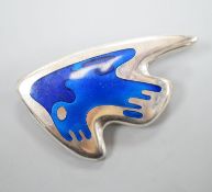 A Henning Koppel for Georg Jensen sterling and two colour blue enamel set stylised fish brooch,