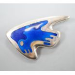 A Henning Koppel for Georg Jensen sterling and two colour blue enamel set stylised fish brooch,